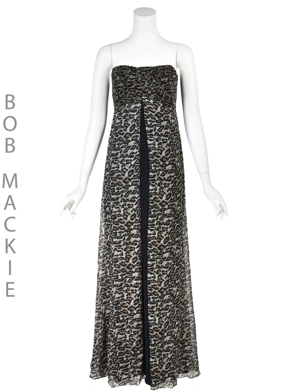 BOB MACKIE Vintage Animal Print Formal Strapless Gown with Beaded Bodice, SZ 6